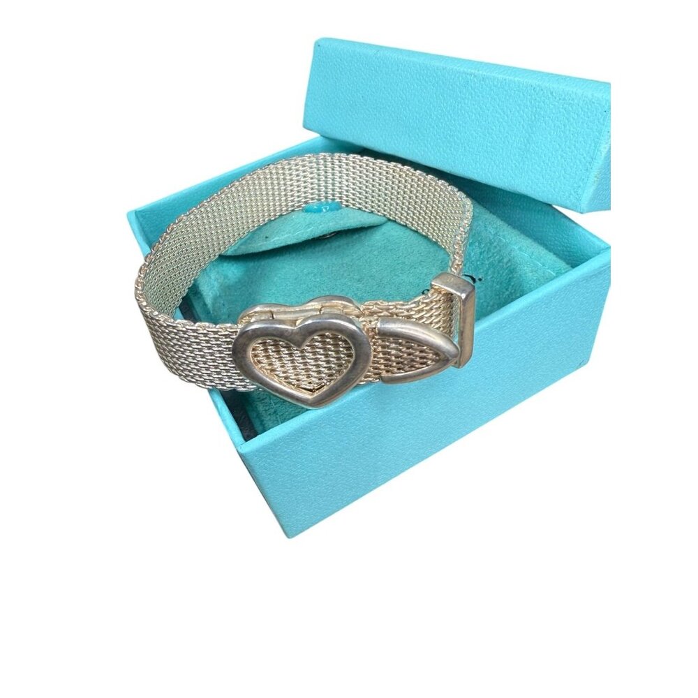 Tiffany & Co Somerset Buckle Bracelate Sterling Silver Heart Mesh 7" Wrist